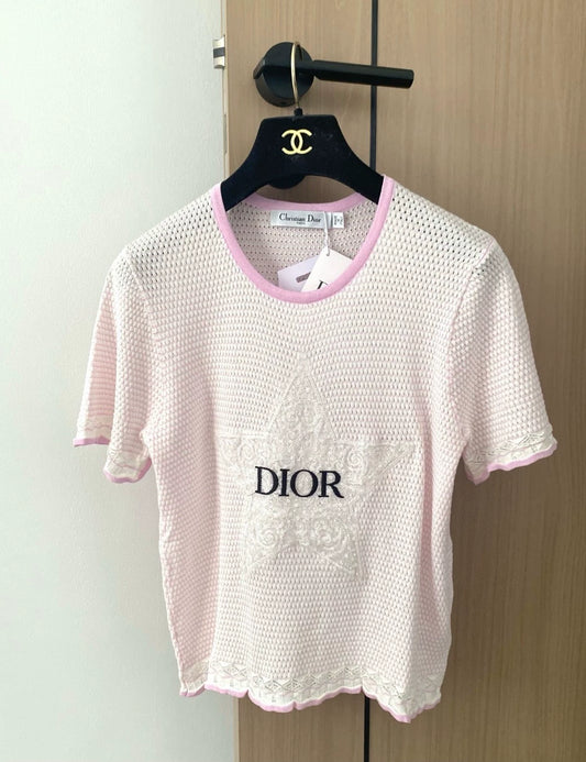D 25 new embroidery hollow round neck short sleeve knit