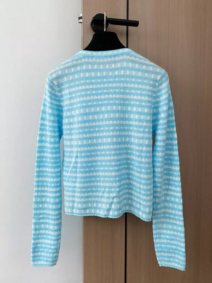 L 25 New color clashing striped leather single-breasted round neck long-sleeved knitted cardigan