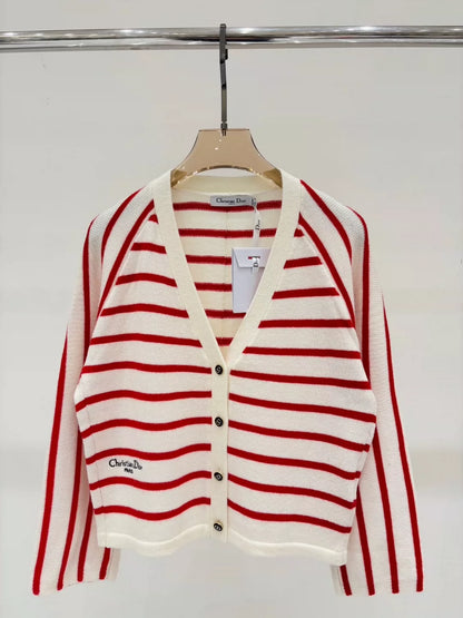 D 25 Spring and Summer new V-neck letter logo embroidery stripes contrast color casual knitted cardigan