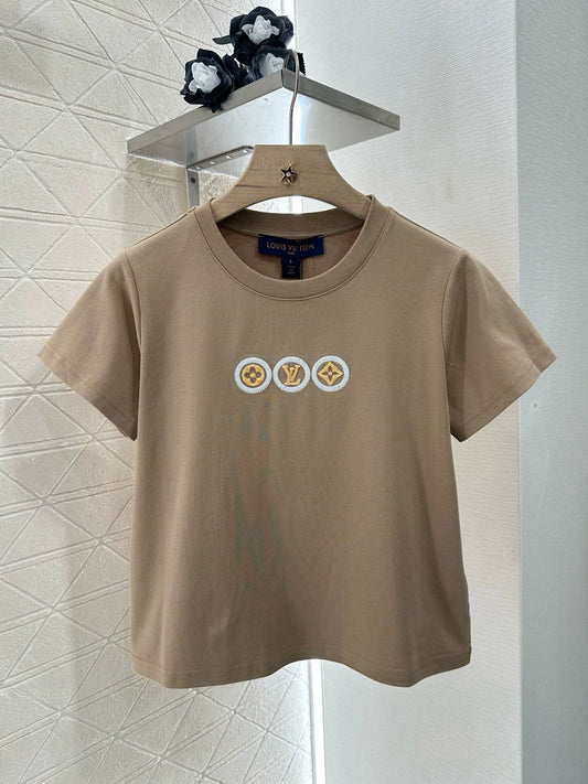 L 25 Embroidered Beaded Letter Round Neck Short Sleeve T-Shirt(white black brown)