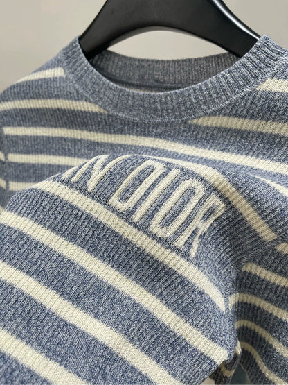 D 25Striped Linen Knit Short Sleeve Gray Blue
