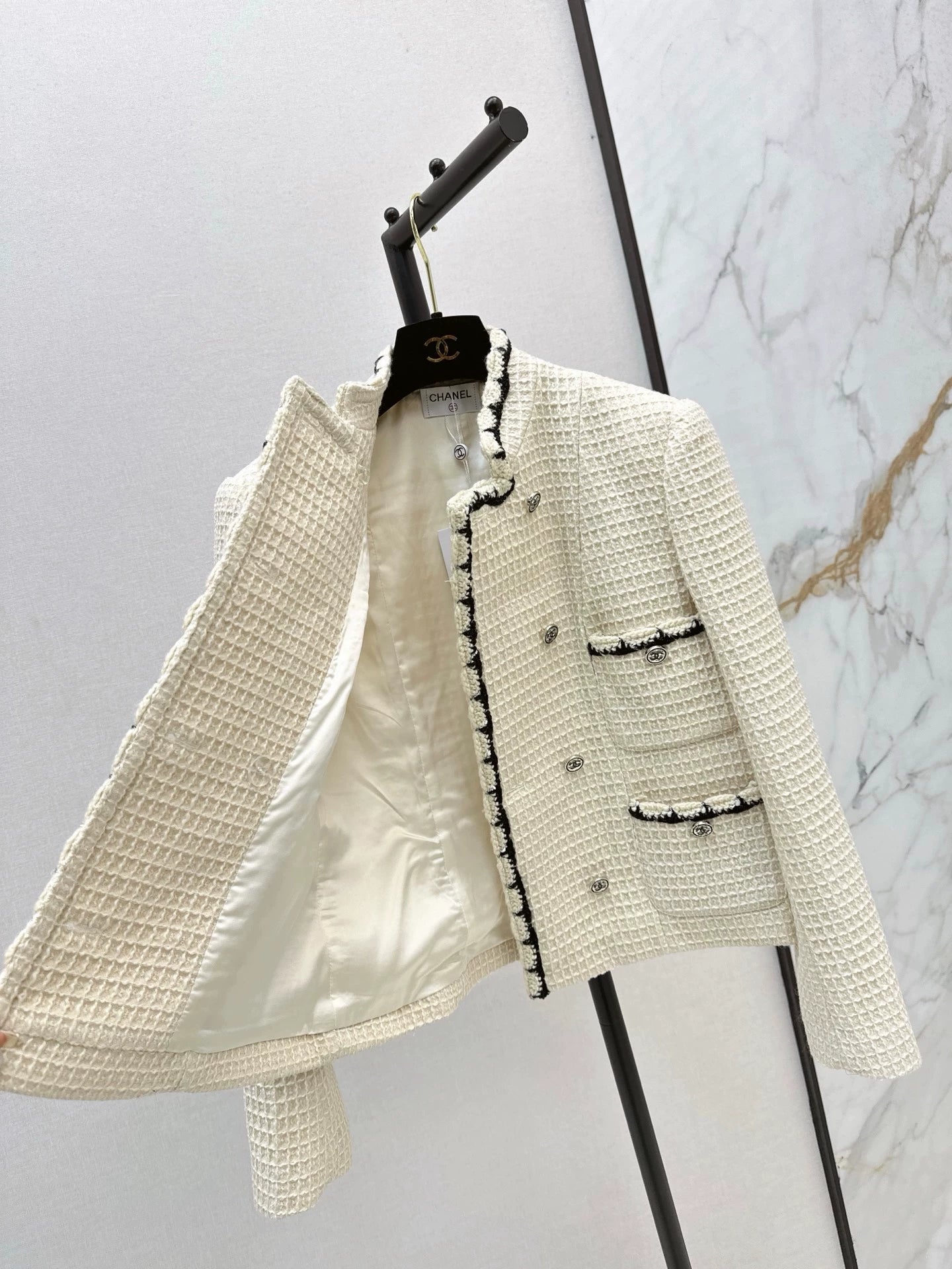 C 25 New double-breasted woven tape trim design stand collar jacket