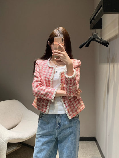 C 25 Red and white checked tweed jacket with beaded trim