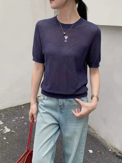 D 25 New Mesh Bee Embroidery Big Butterfly Concealed Breathable Short Sleeve Knit Top