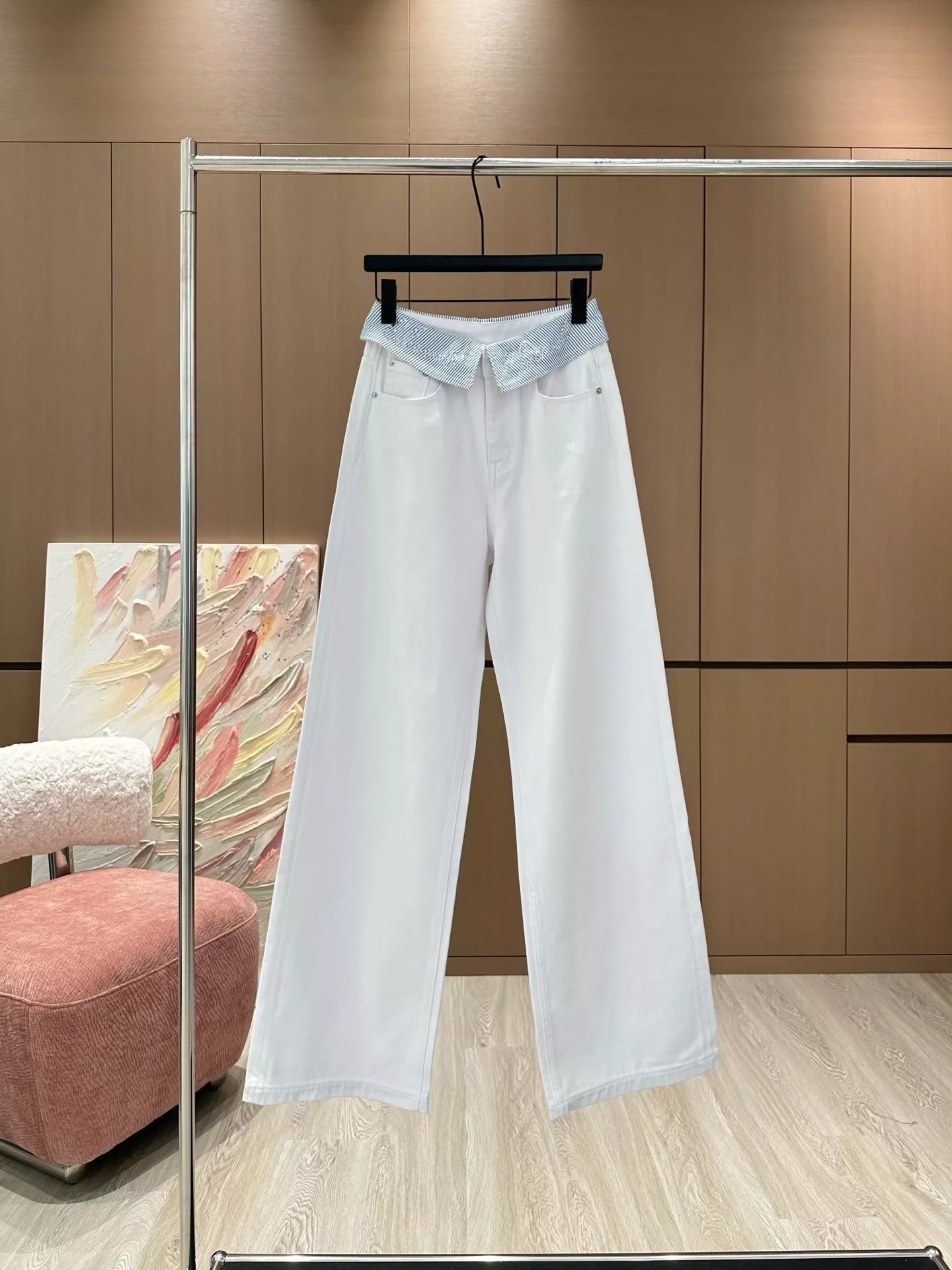 C 25 Cuffed rhinestone lettered denim straight-leg pants