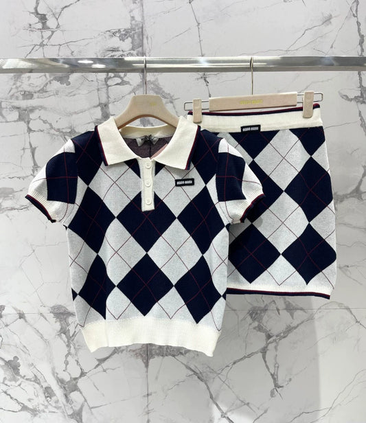 M 25 new age-reducing diamond polo collar knitted short sleeve + half-length skirt two-piece suit