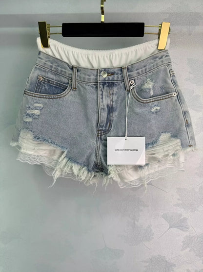 A 25 new ripped removable double waist head denim shorts