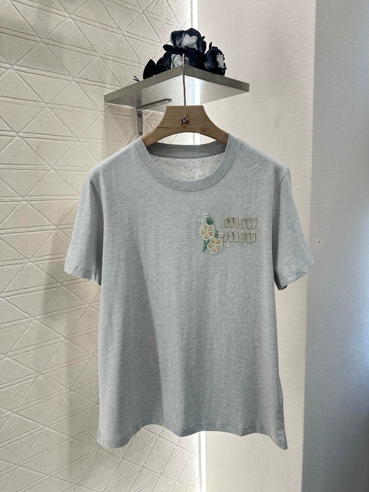 M 25 Round Neck Floral Beaded Short Sleeve T-Shirt