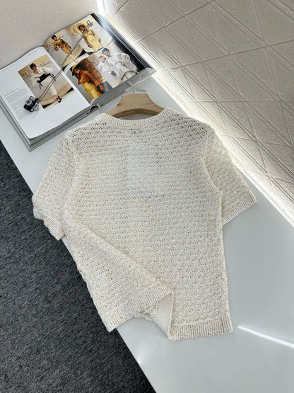 C 25 New Beaded Silver Silk Knit Short Sleeve Cardigan(WHITE BLUE PINK)