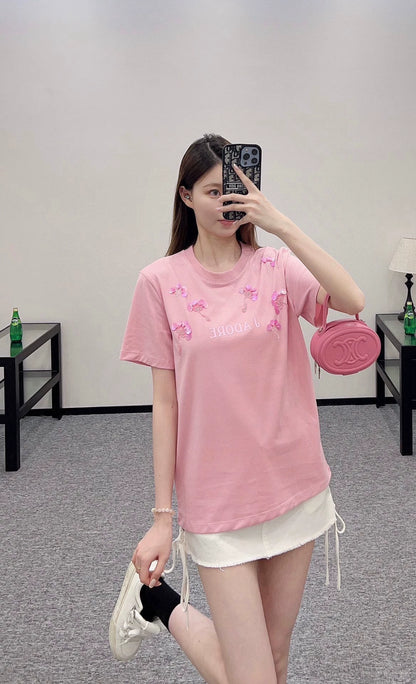 D 25 Heavy Duty Beaded Round Neck Short Sleeve T-Shirt (Black White Pink)