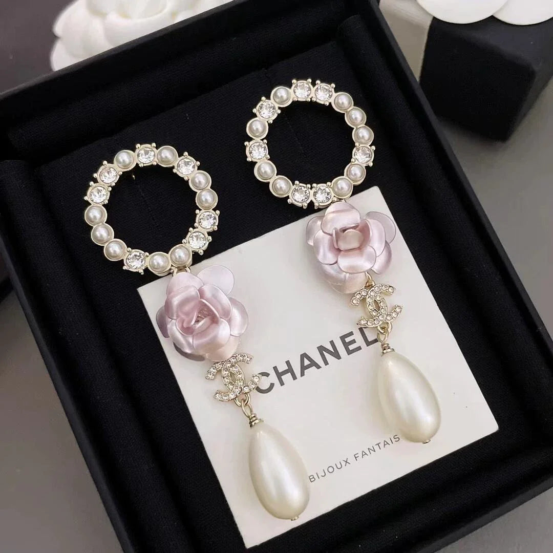 25 Summer new camellia pearl tassel versatile earrings