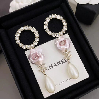 25 Summer new camellia pearl tassel versatile earrings