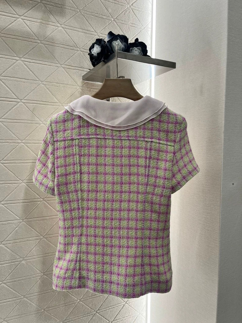 C 25 Spring/Summer New Tweed Patchwork Silk Lapel Short Sleeve Blouse