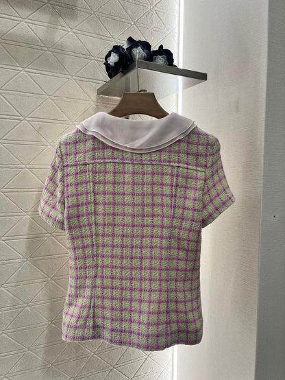 C 25 Spring/Summer New Tweed Patchwork Silk Lapel Short Sleeve Blouse
