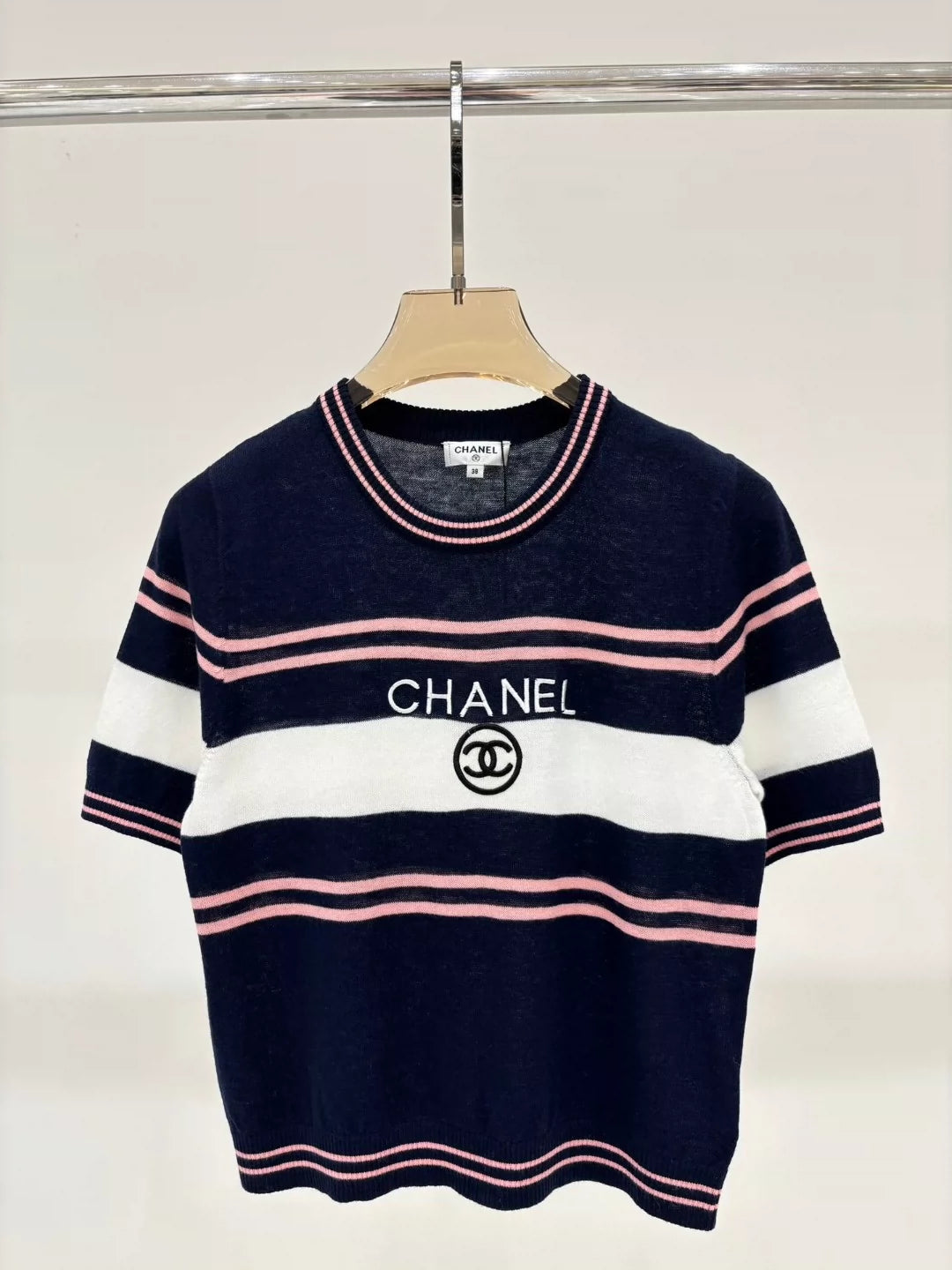 C 25 Summer new round neck letter jacquard striped color matching casual knitted short sleeves