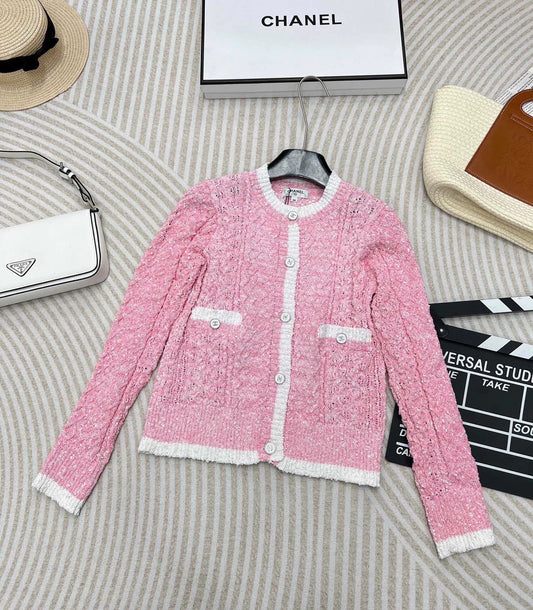 C 24 spring and summer new hollowed out logo buttons knit cardigan