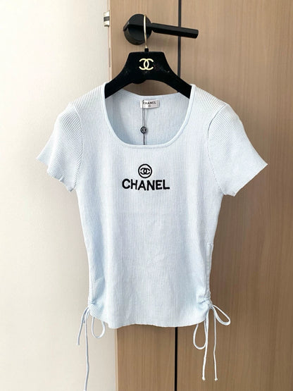 C 25 new embroidered letter drawstring U-neck short-sleeved knitted top