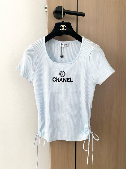C 25 new embroidered letter drawstring U-neck short-sleeved knitted top