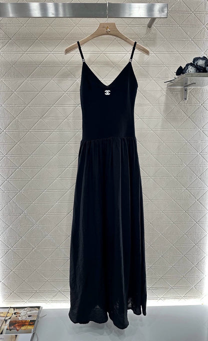 C 25 Knit Patchwork Sling Dress(White black)
