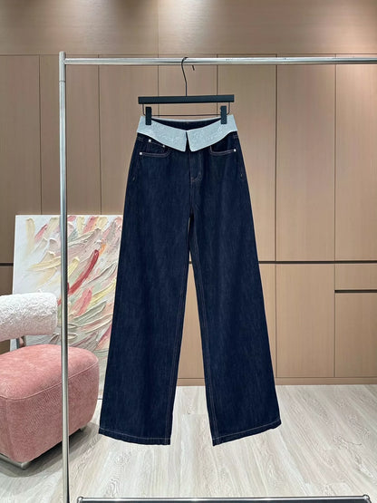 C 25 Cuffed rhinestone lettered denim straight-leg pants