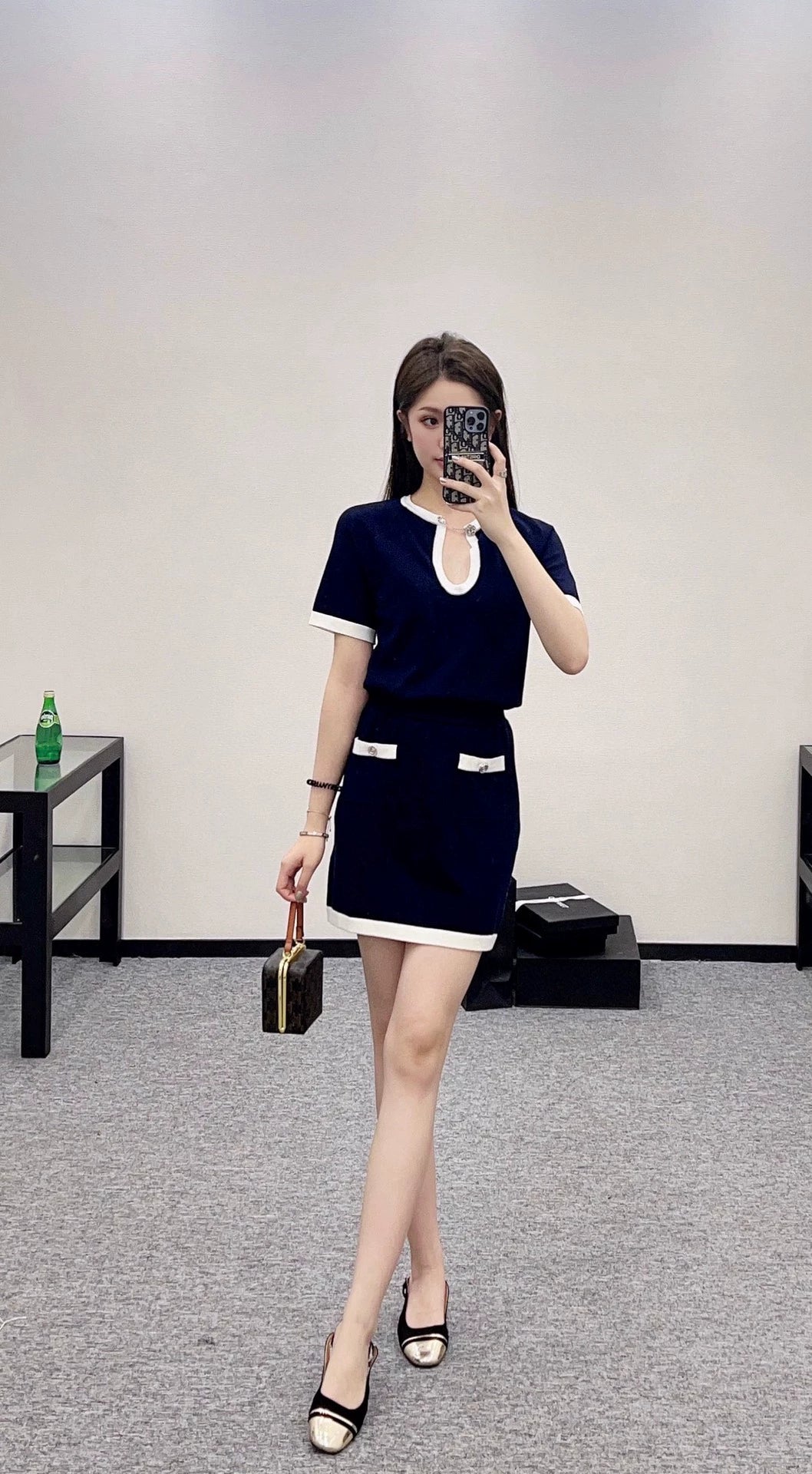 C 25 Chain Short Sleeve Top Half Skirt Set(Blue Navy)
