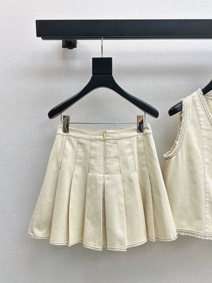 Lor 25 spring and summer new suit Sleeveless V-neck denim vest + age-reducing pressed pleated half skirt