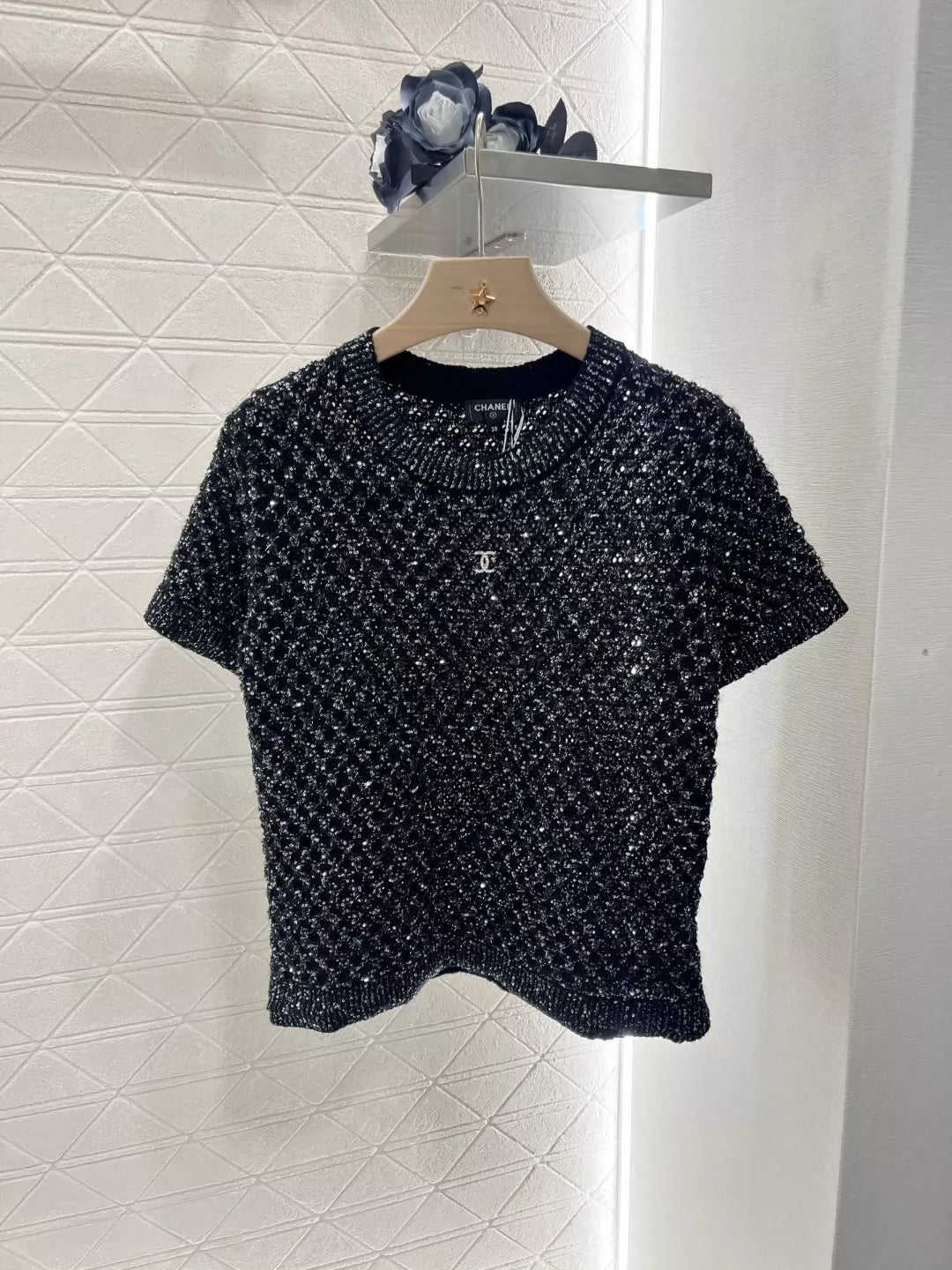 C 25 Beaded Micro Sheer Knit Short Sleeve Top(white pink black)