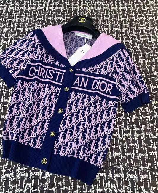 D 25 New Color Block Letter Single Breasted Navy Neck Short Sleeve Knit Top