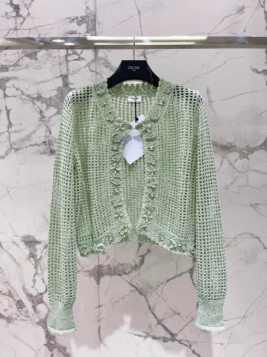 CE 25 new retro heavy-duty pearl diamond decoration lace crochet knitted cardigan