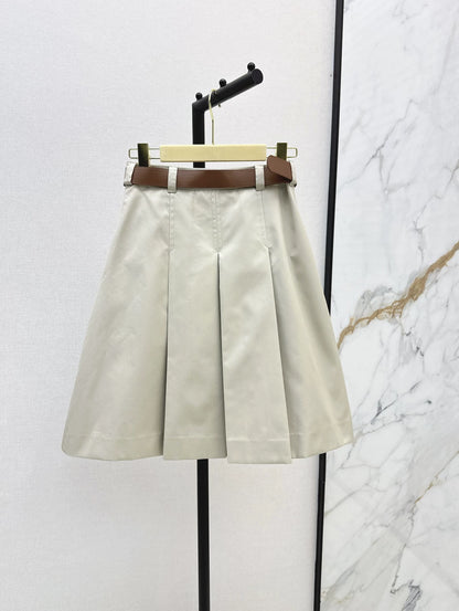 M 25Ss Fall/Winter New Belt-Adorned Low-Rise Light Khaki Midi Skirt