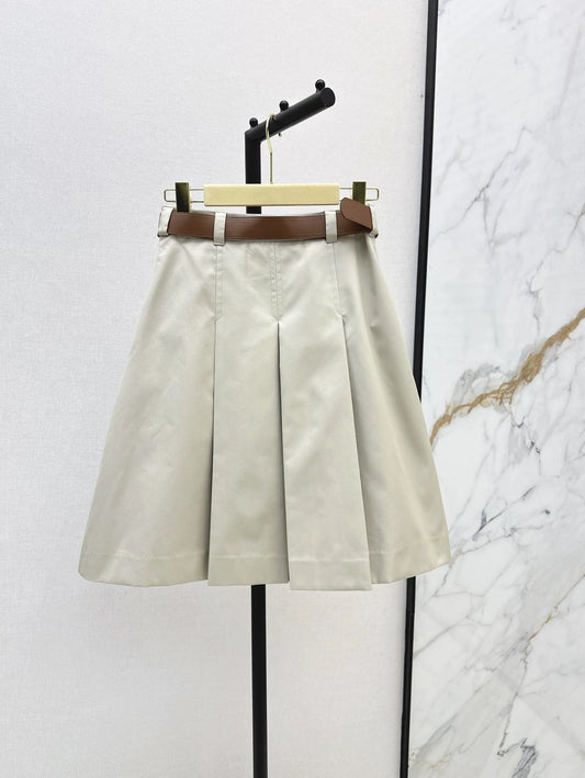 M 25Ss Fall/Winter New Belt-Adorned Low-Rise Light Khaki Midi Skirt