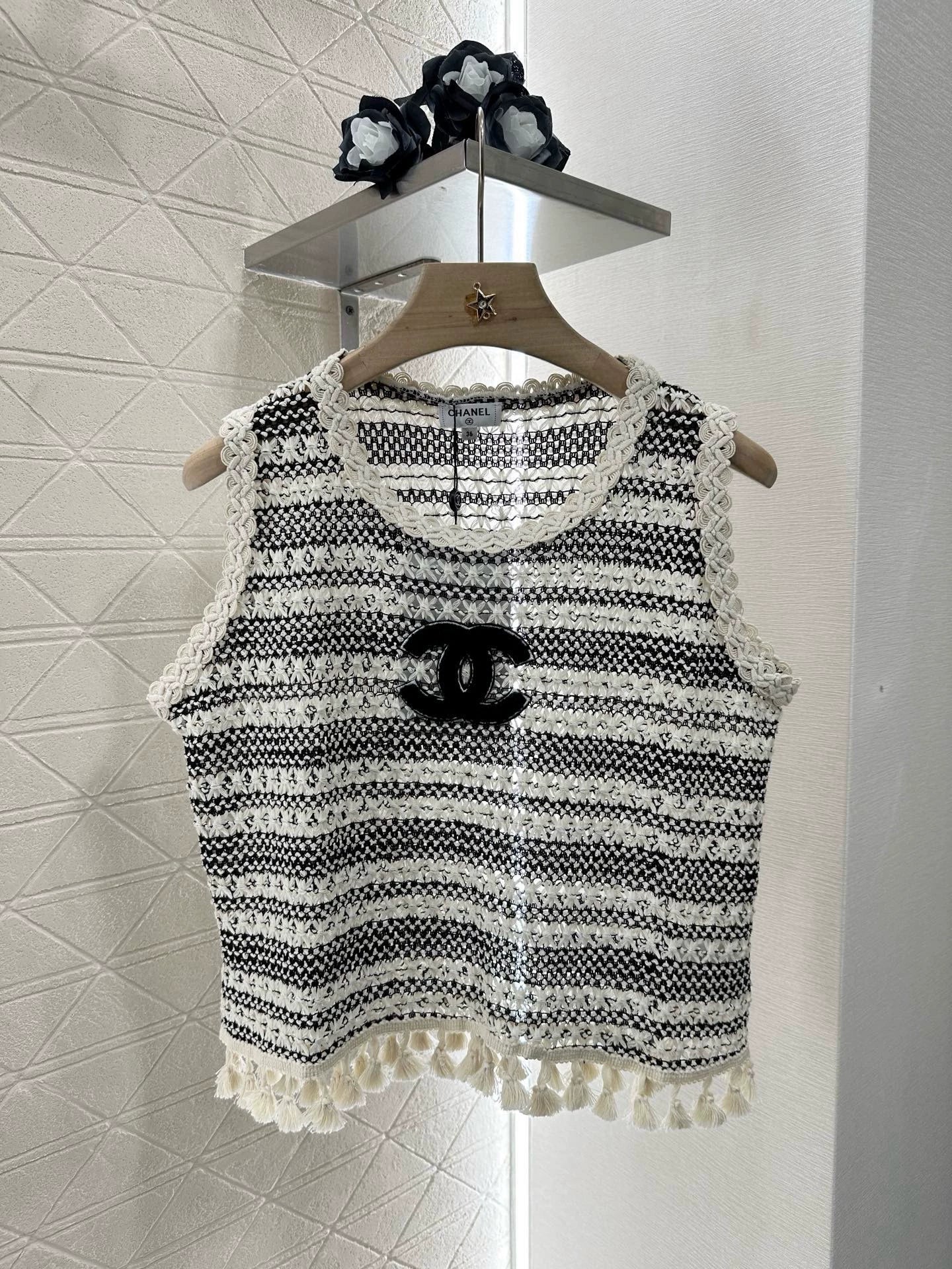 C 25 Striped Knit Tassel Lace Vest