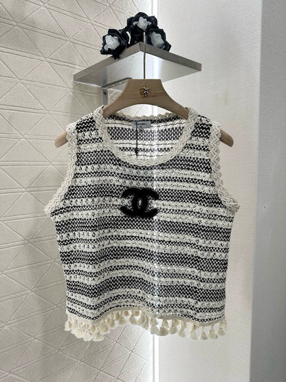 C 25 Striped Knit Tassel Lace Vest