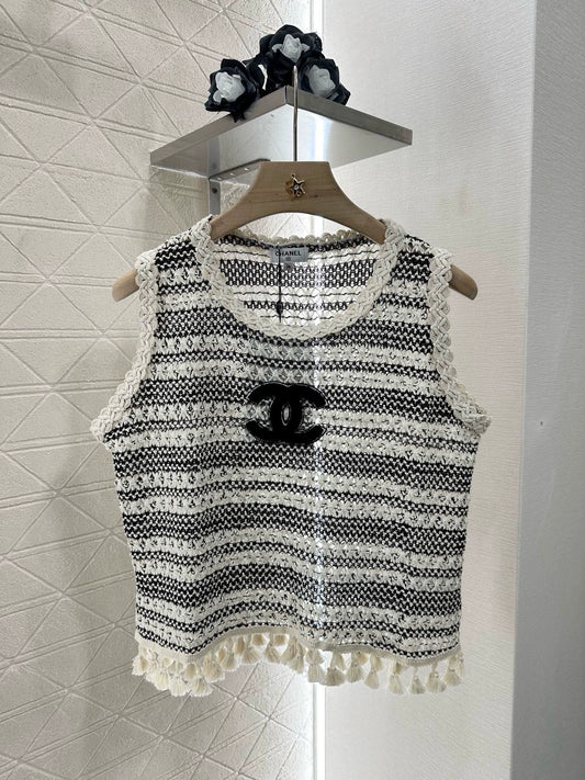 C 25 Striped Knit Tassel Lace Vest