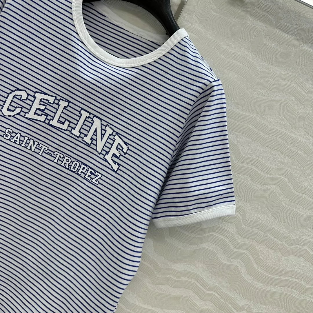 CE 25 College style blue striped cotton letter short-sleeved T-shirt