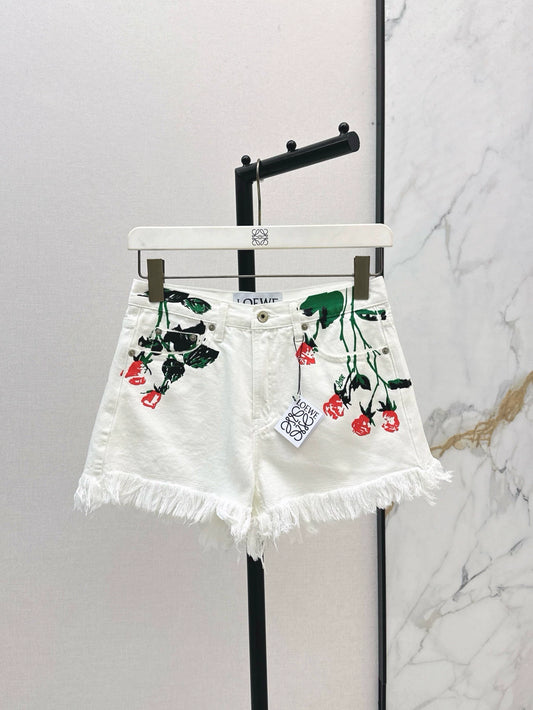 LO 25 Spring/Summer New Resort Collection Rose Print White Denim Shorts