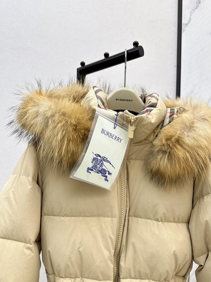 Bru 25 Waist waistband long down jacket ，raccoon fur collar(BLACK/WHITE/KHAKI)