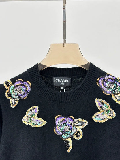 C 25 Spring and Summer New Round Neck Butterfly Floral Sequin Knitted Long Sleeve