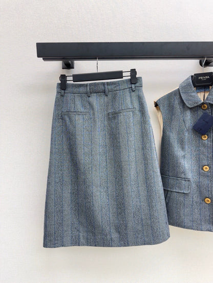 p 25 Latest Splicing Practice Vest Jacket ➕Striped Suit Mid-Length Half Skirt