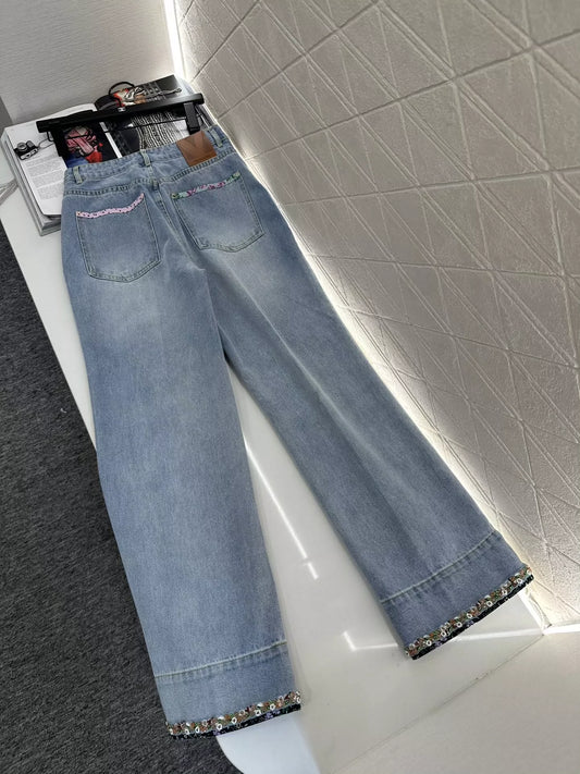 V 25 Floral Beaded Lapel Denim Pants