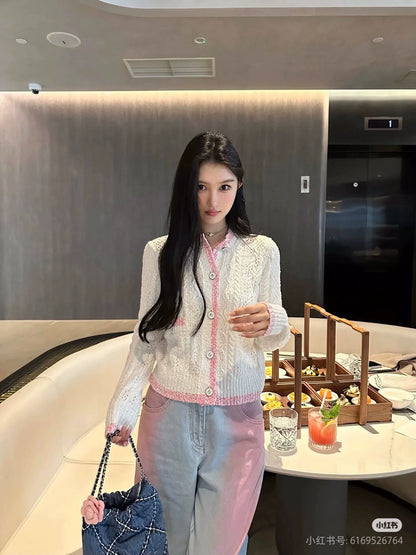 C 24 spring and summer new hollowed out logo buttons knit cardigan