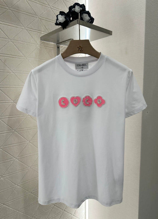 C 25 New Embroidered Beaded Letter Round Neck Short Sleeve T-Shirt