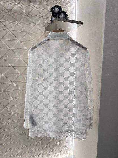 G 25 spring and summer new lace patchwork jacquard shirt（white purple）
