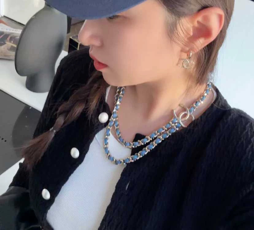 25 new leather chain denim blue double necklace
