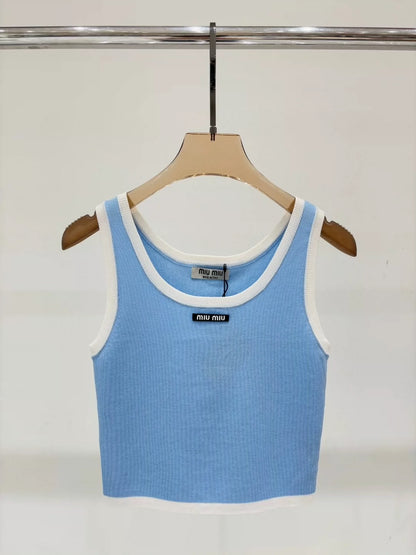 M 25 Summer new round neck letter logo patch edging contrast color simple casual knitted vest