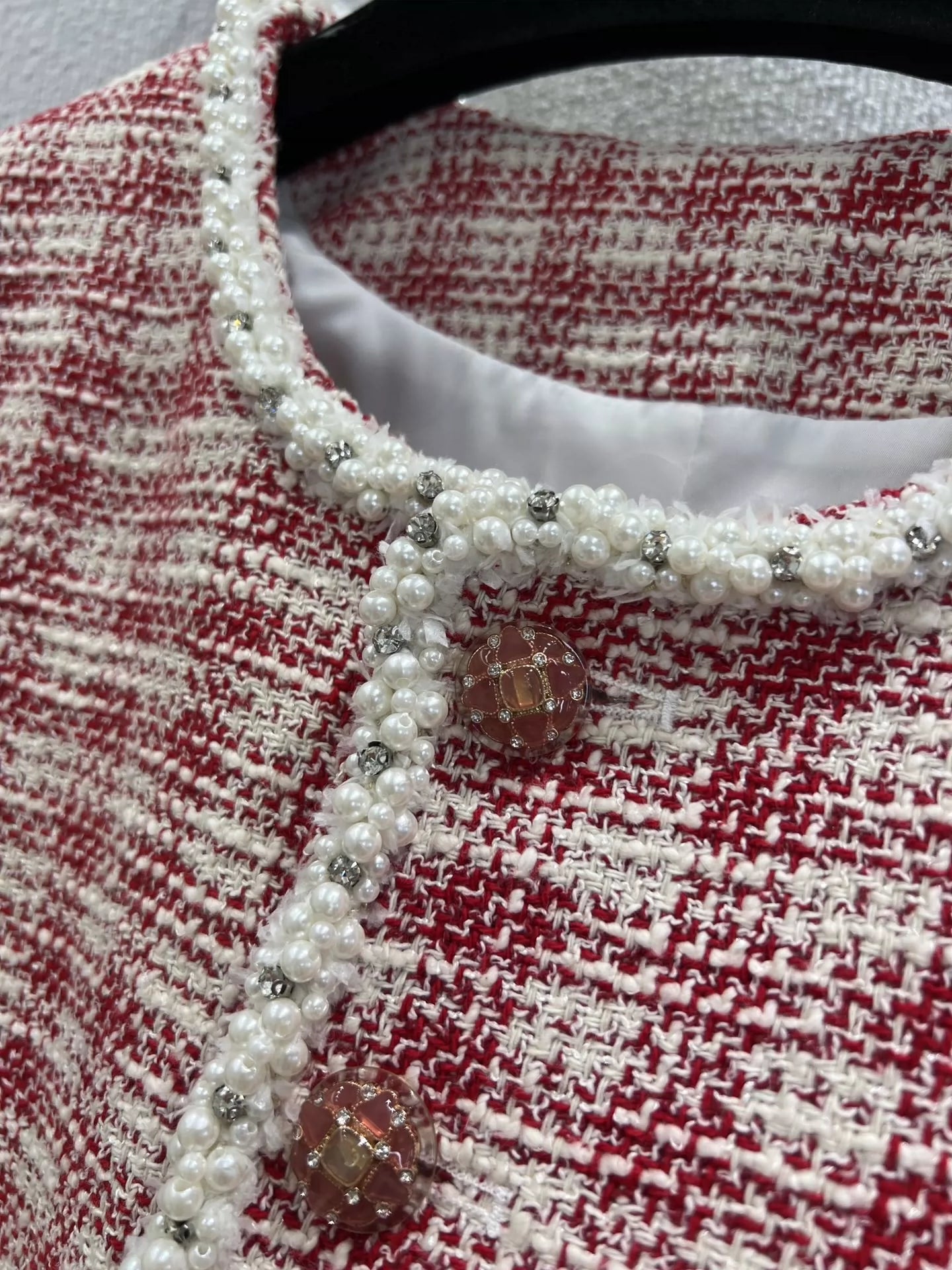 C 25 Red and white checked tweed jacket with beaded trim