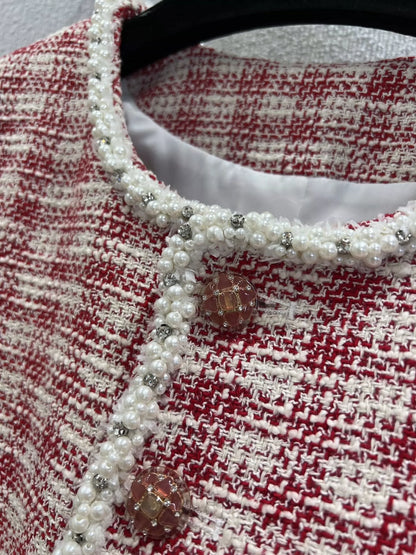 C 25 Red and white checked tweed jacket with beaded trim