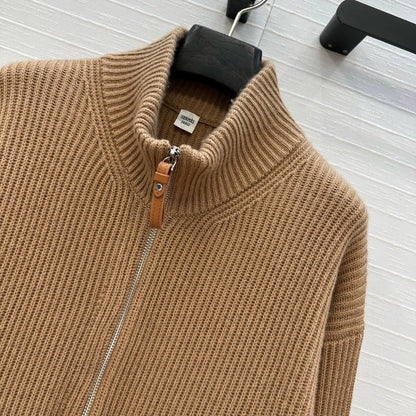 He 25 Mid-length cashmere knitted zip-up jacket(100% cashmere BROWN/GRAY)