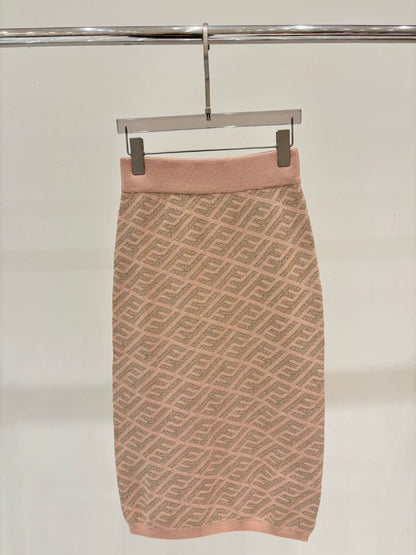 F 25 New Gold and silver thread Slanted stripes full print Casual knitted half skirt(pink blue brown)