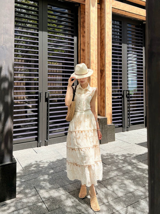 V 25 new water-soluble flower sleeveless top + lace decoration cake half-skirt vacation style set
